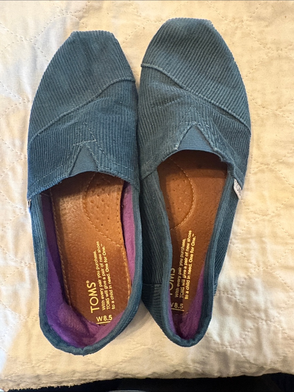 Toms Women's Teal Corduroy Slip-Ons with Purple Lining